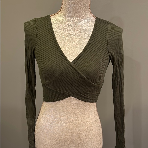 Olive Green Ribbed Wrap Top - Picture 1 of 1
